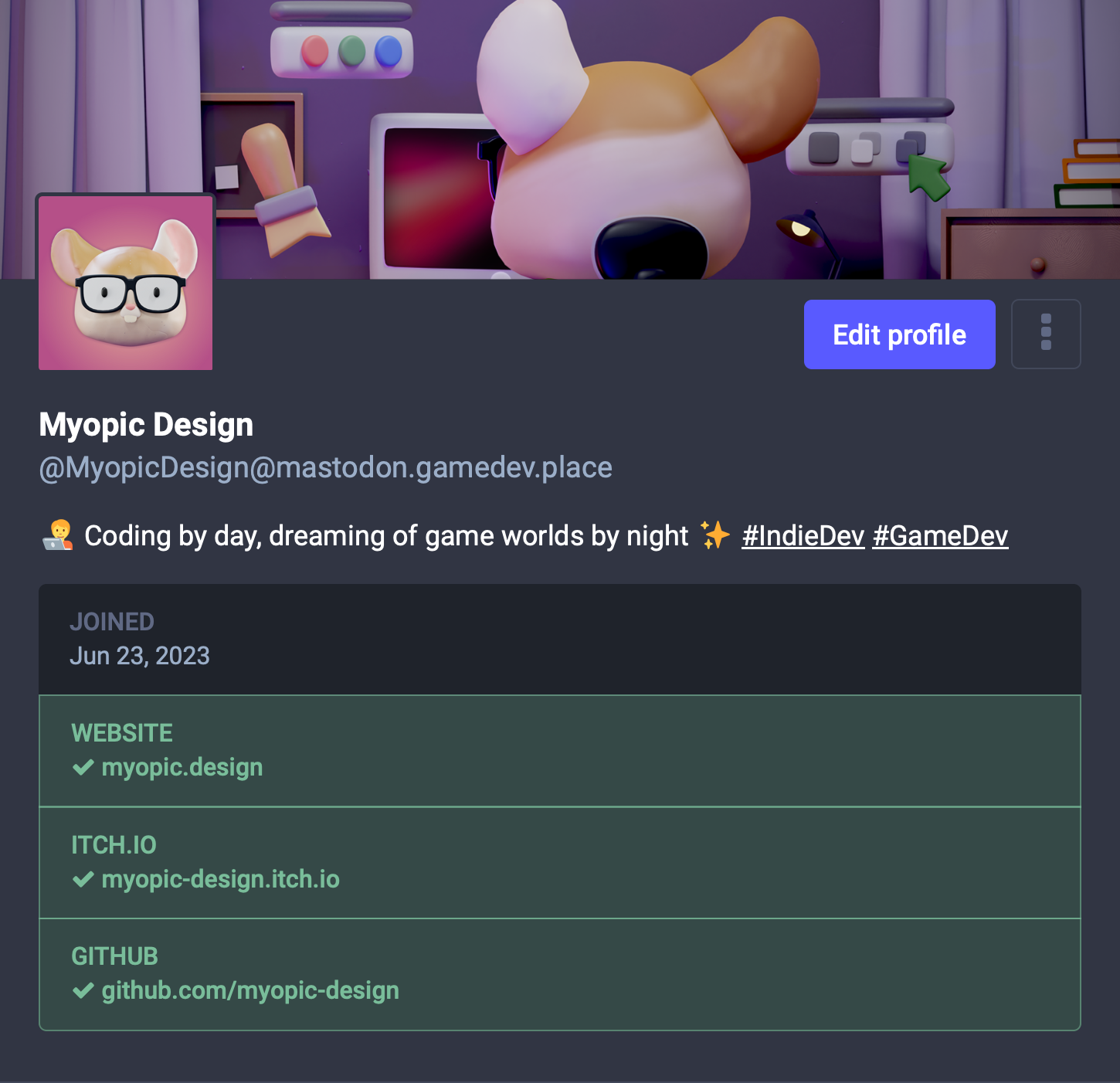 My Mastodon profile showing a verified itch.io link with a green checkmark