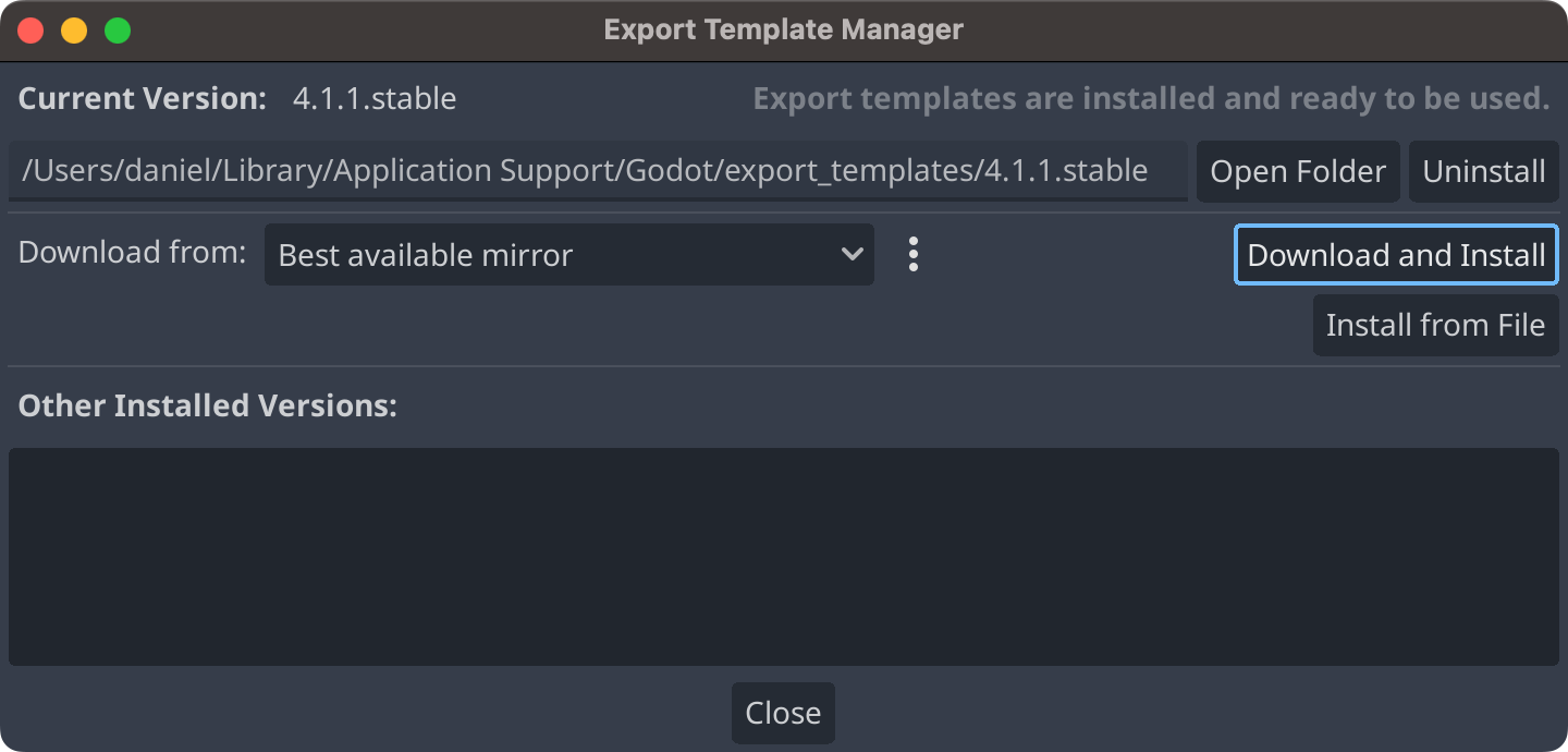 Screenshot of the Export Template Manager in Godot