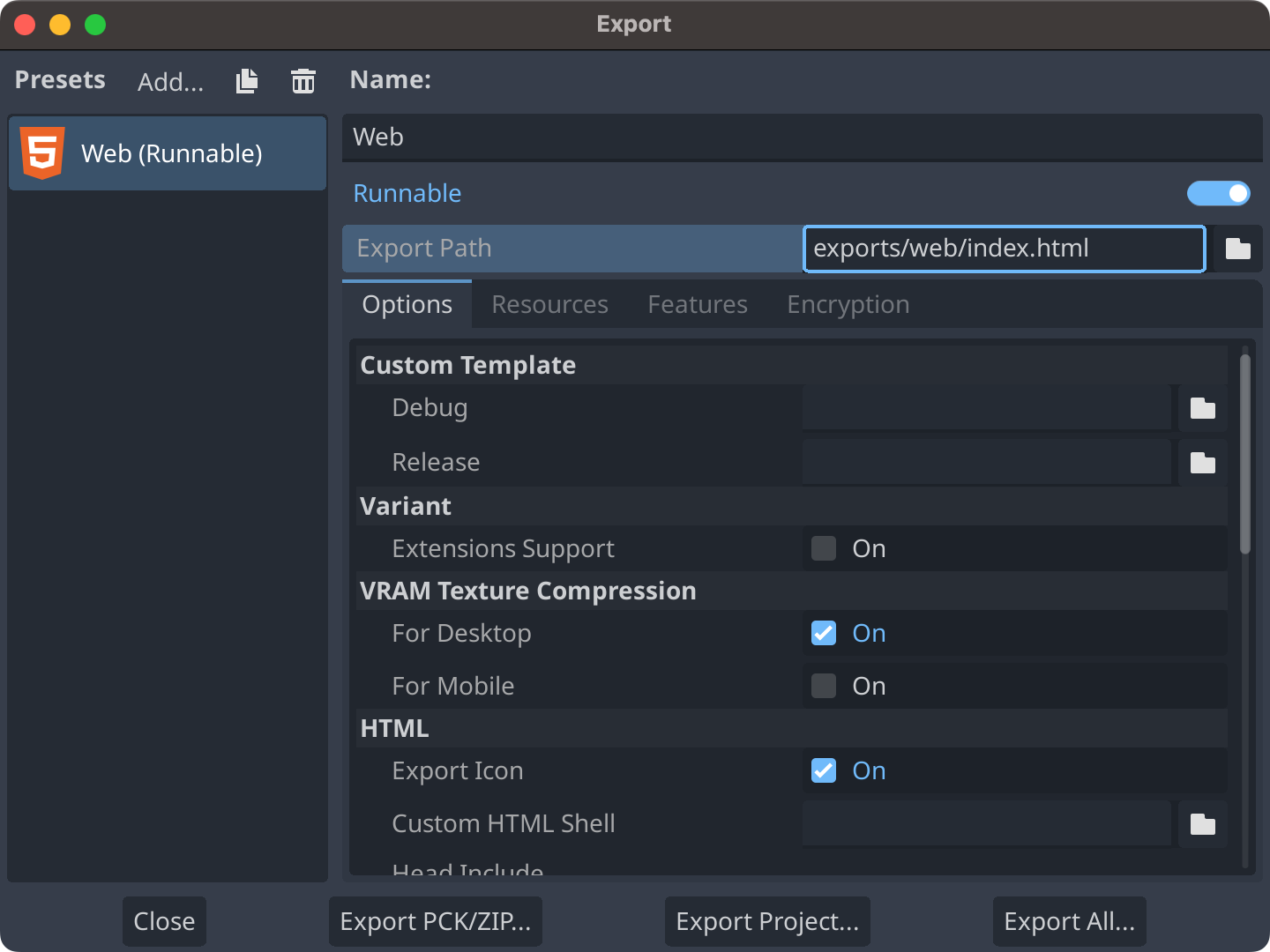 Screenshot of the Export screen in Godot